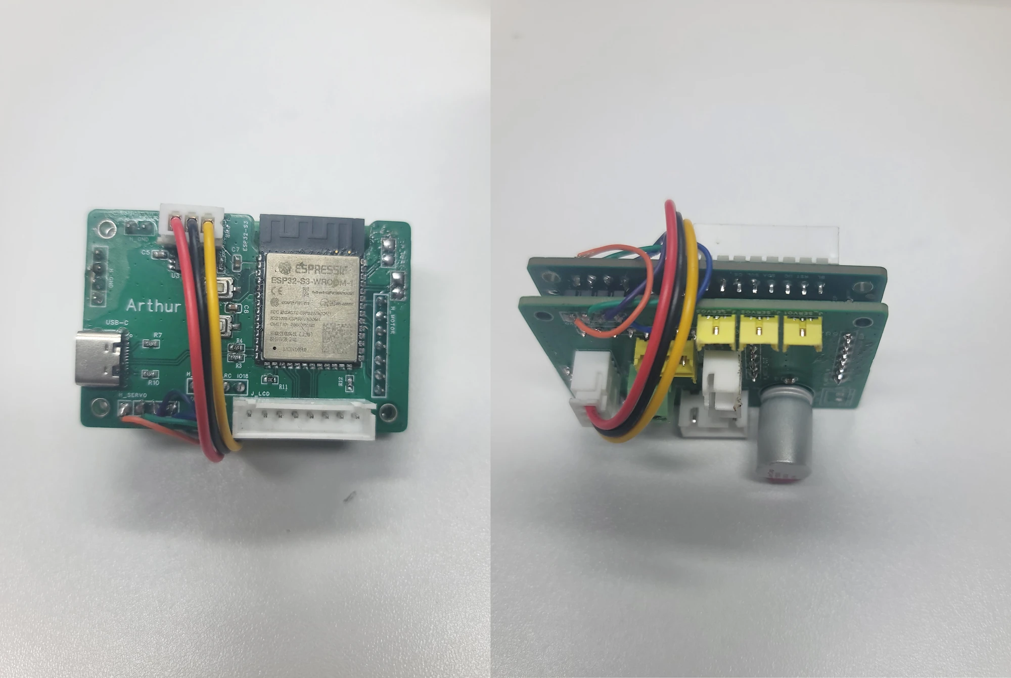 Two views of the redesigned stacked PCBs showing the controller board, separate interface board and large capacitor